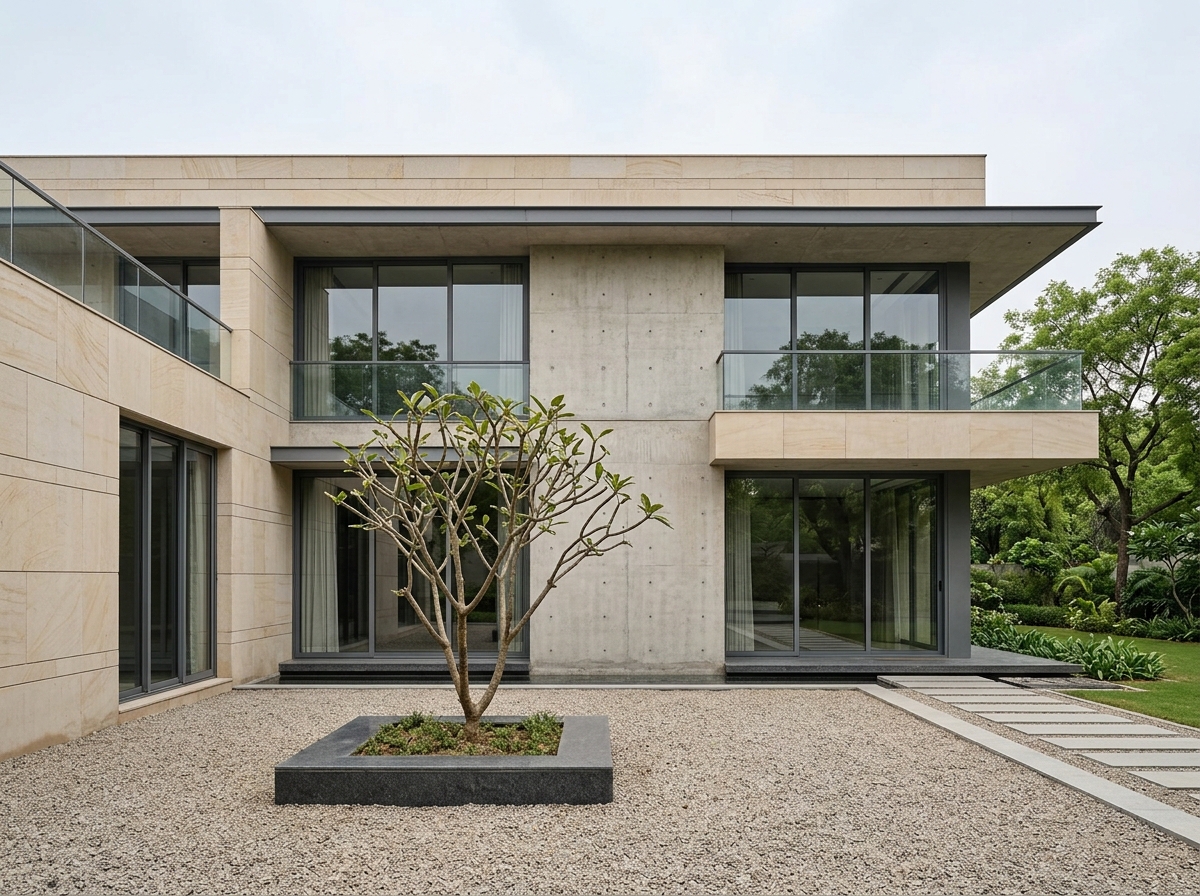 Contemporary luxury private residence in Sector 55 Gurugram with sandstone masonry and gravel courtyard